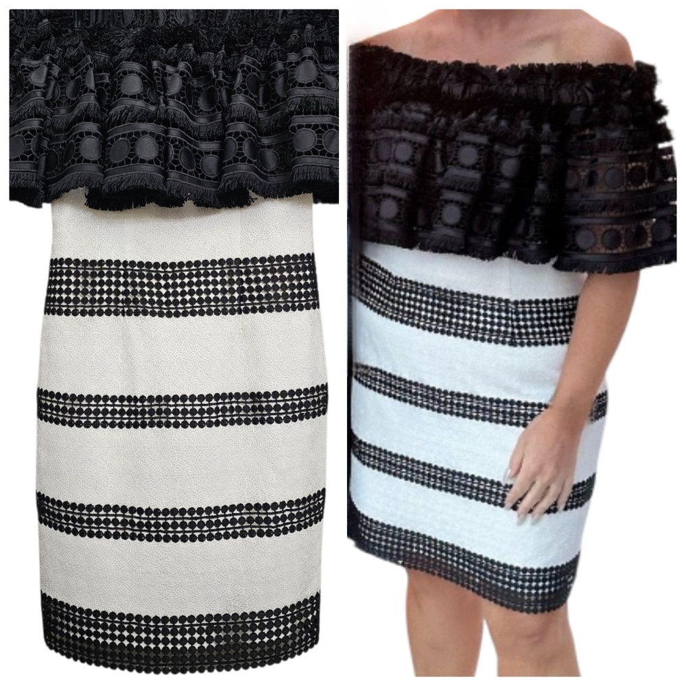 Nwot Badgley Mischka Black/White Off Shoulder Fringed Shortsleeve Ruffle Dress